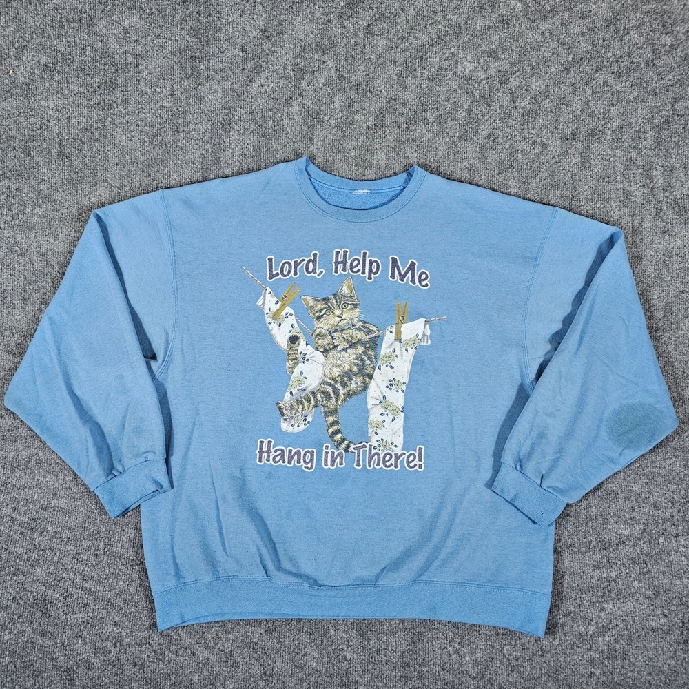 "Hang in There" Cat‎ Graphic Funny Crewneck Sweatshirt Mens Light Blue Flaw